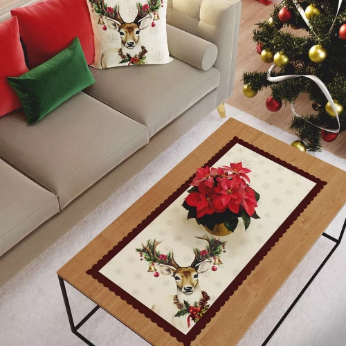 PBN288 Runner de masă de Crăciun cu cerb vintage Marquisette, bej