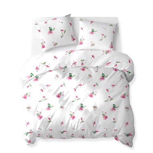 Set de lenjerie de pat 5769 A Cotton Bloom Detexpol din bumbac, alb cu flori roz și frunze verzi – 100% bumbac, față-verso, producție poloneză