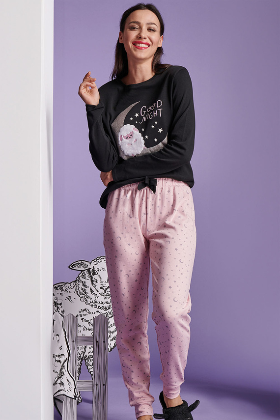 Pijamale dama Shearly Sorbetto neagra - 100% bumbac, aplicare 3D, pantaloni cu mansete