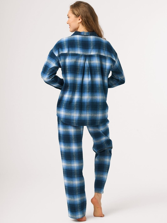 Pijamale damă Key LNS 465 albastre din flanel, cu nasturi, 100% bumbac