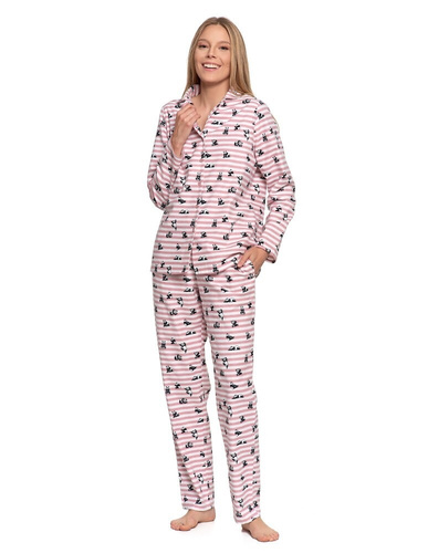 Pijamale pentru femei Moraj PDD6300-002 roz - flanel de bumbac, cu dungi și motiv panda