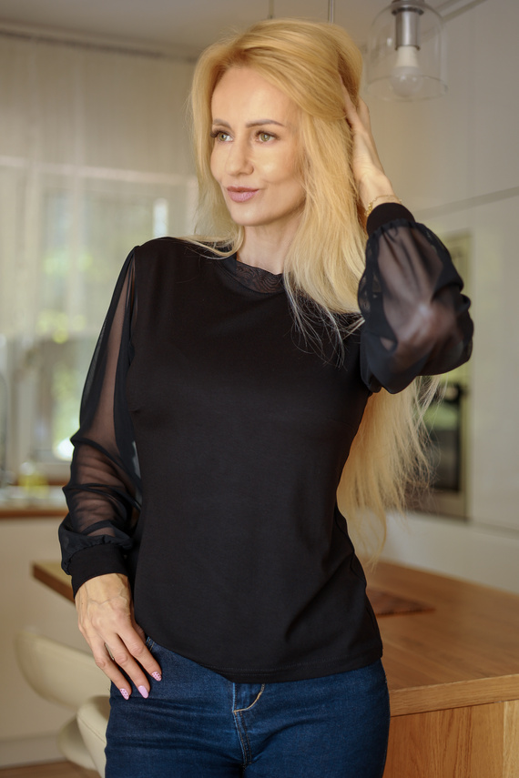 Mirale Freya Bluză damă din viscoză cu mâneci din tul și guler înalt, elegantă - neagră