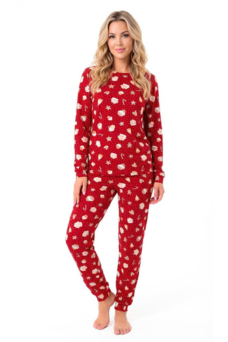 Pijamale damă Donna Bear Long roșie – pijama călduroasă din bumbac, cu mânecă lungă