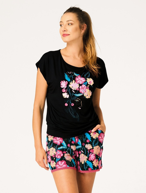 Pijama damă Key LNS 560 negru – bambus, scurtă, dantelă