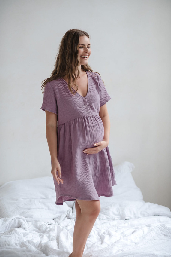 Cămașă de noapte de maternitate și alăptare din muselină Aurora Milk&Love lavanda