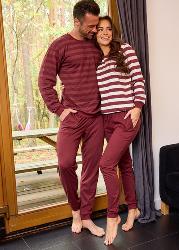 635/468 Cornette Molly 3 pijamale dama | Bumbac, dungi ecru-maro, pantaloni cu buzunare