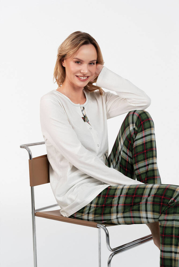 Asama Pijama de damă descheiată cu mânecă lungă, pantaloni lungi Italian Fashion - ecru/print