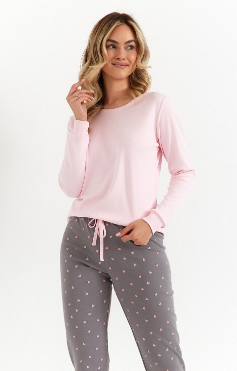 492 Pijamale Cana de damă, roz – bumbac interlock, inimioare, mâneci lungi și pantaloni