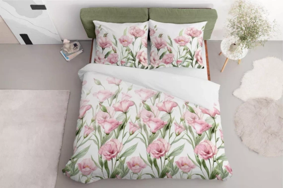 5328 A Lenjerie de pat din satin Flori roz pe fond alb Detexpol