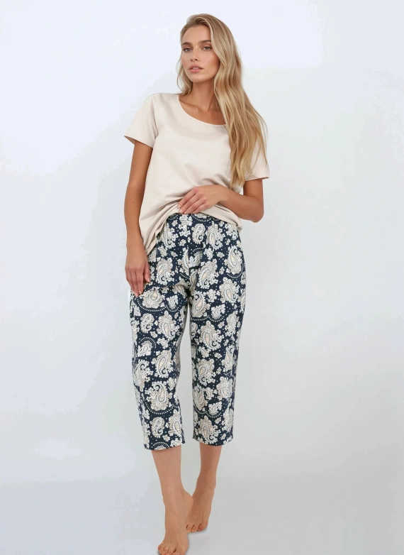 Pijamale de damă Momenti Per Me Charm bleumarin - mâneci scurte și pantaloni 7/8, bumbac