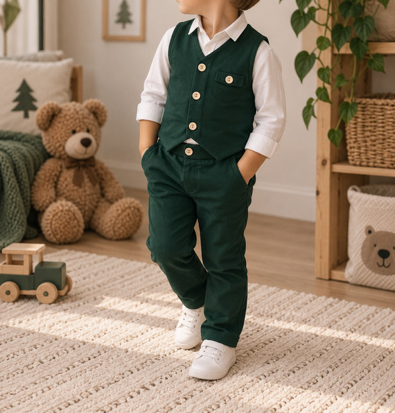 Mamatti KC014 set băieți verde din bumbac vestă și pantaloni cu nasturi