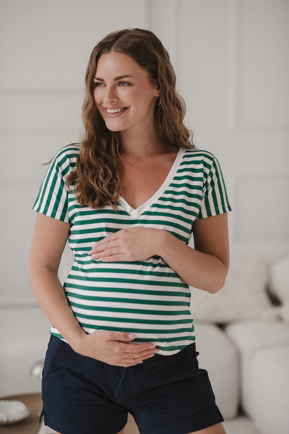 Bluză reversabilă de maternitate și alăptare Two Ways | Mânecă scurtă, confortabilă Milk&Love dungi verzi și albe