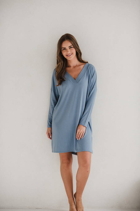 Cămașă de noapte pentru maternitate și alăptare din bambus Moon, mânecă lungă, Milk&Love, albastru