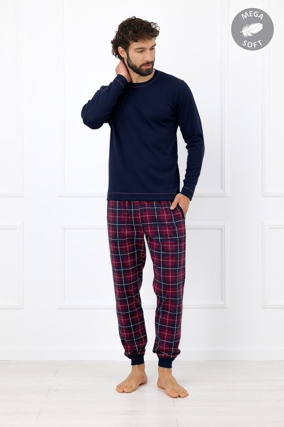 Italian Fashion Brajan pijama bărbați Mega Soft pantaloni lungi în carouri - bleumarin