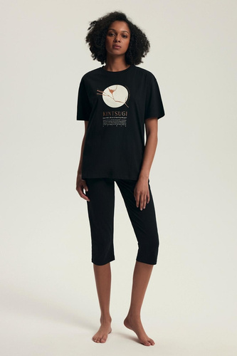 Set pijamale damă 43728 Dairoku negru - bumbac, mâneci scurte, pantaloni capri