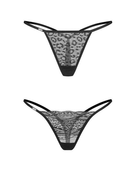 Set 2 chiloți tanga Clara Thong Obsessive Negru – Dantelă, Imprimeu Animal