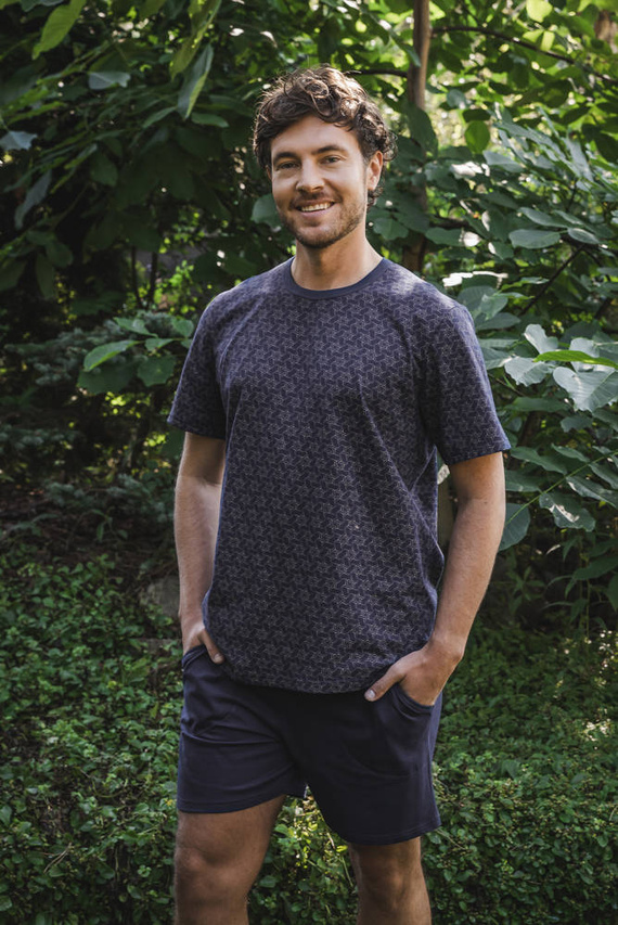 Ricardo Pijama cu mânecă scurtă pentru bărbați, pantaloni scurți Italian Fashion - albastru navy/print