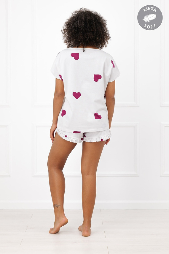 Italian Fashion Soul pijama damă scurtă Mega Soft ecru cu inimi bordo