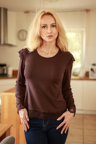 Mirale Ivy Bluză damă din vâscoză cu dantelă, elegantă, mânecă lungă - maro