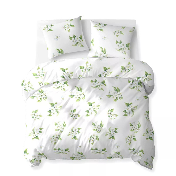 Set de lenjerie de pat 5766 B Cotton Bloom Detexpol din bumbac, alb cu flori albe și frunze verzi – 100% bumbac, față-verso, producție poloneză