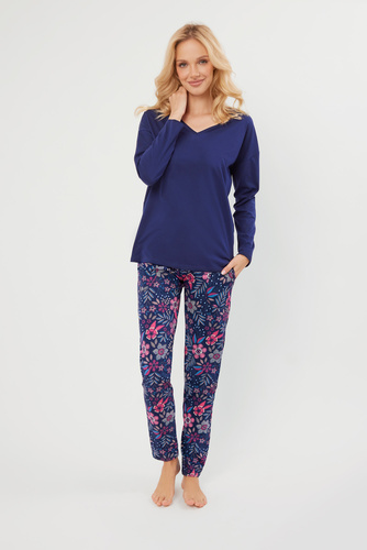 Folk Pijama de damă cu mânecă lungă, pantaloni lungi Italian Fashion - albastru navy/print