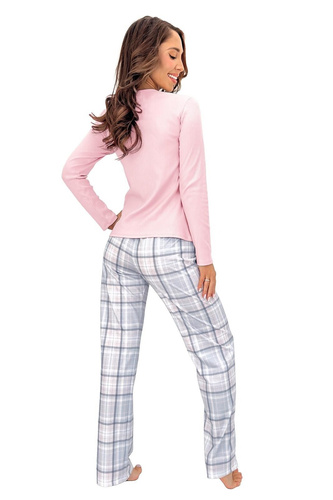Donna Dani Long roz roz piżamă damă bumbac cu dungi, pantaloni în carouri