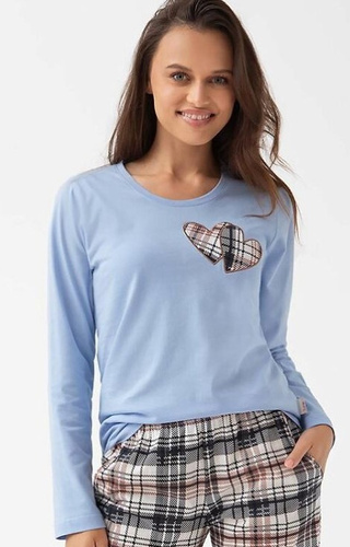 322 Luna albastru – pijamale de damă din bumbac, inimioare, mâneci lungi, pantaloni în carouri