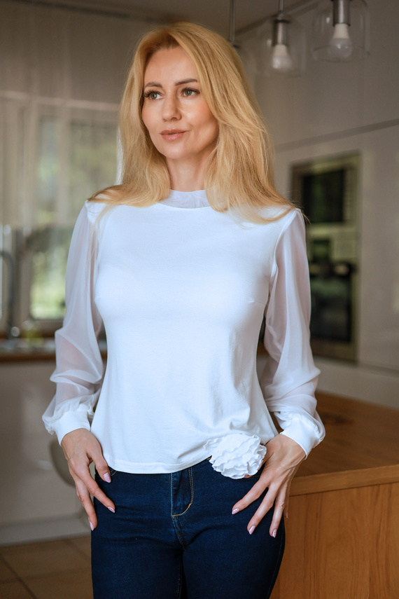 Mirale Freya Bluză damă din viscoză cu mâneci din tul și guler înalt, elegantă - ecru