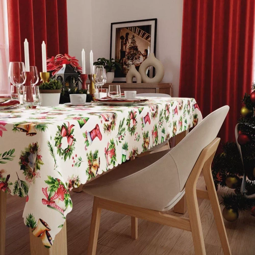 Față de masă roșie de Crăciun C03 Marquiseta – impermeabilă, elegantă, producție poloneză