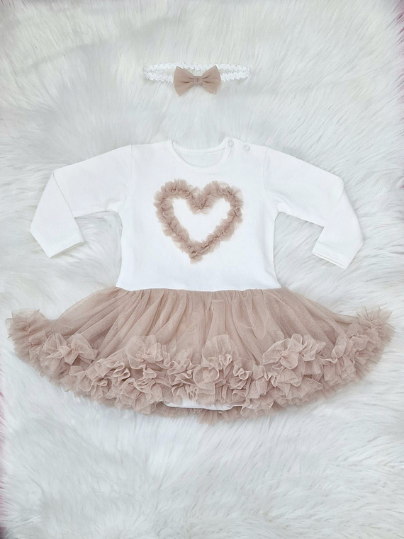 Body-rochie Mia cu maneca lunga Bambarillo – ecru si bej, bumbac cu tul