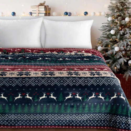 Pătură de Crăciun Eurofirany, bleumarin și roșu cu model scandinav – o pătură moale din microfibră, 240 g/m²