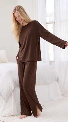 Pijamale damă Luna 1312 100% bumbac oversize pantaloni largi homewear - maro