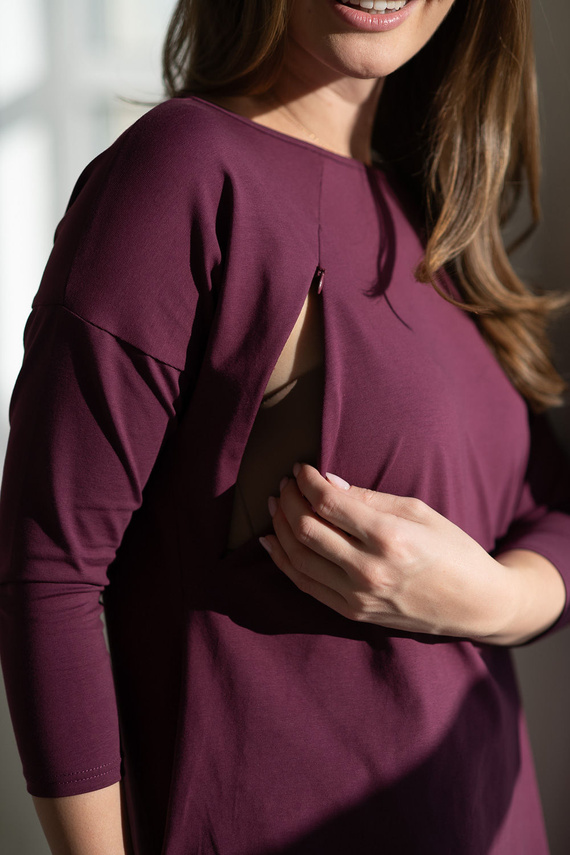 Tunica maternitate și alăptare Mommy Mauve Wine Milk&Love – Bluză supradimensionată cu fermoare ascunse, bumbac Oeko-Tex