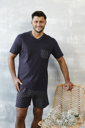 Diaz Pijama cu mânecă scurtă pentru bărbați, pantaloni scurți Italian Fashion - albastru marin/print