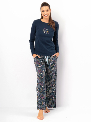 Pijamale dama Key LNS 571 albastru inchis - bumbac, maneca lunga, eleganta