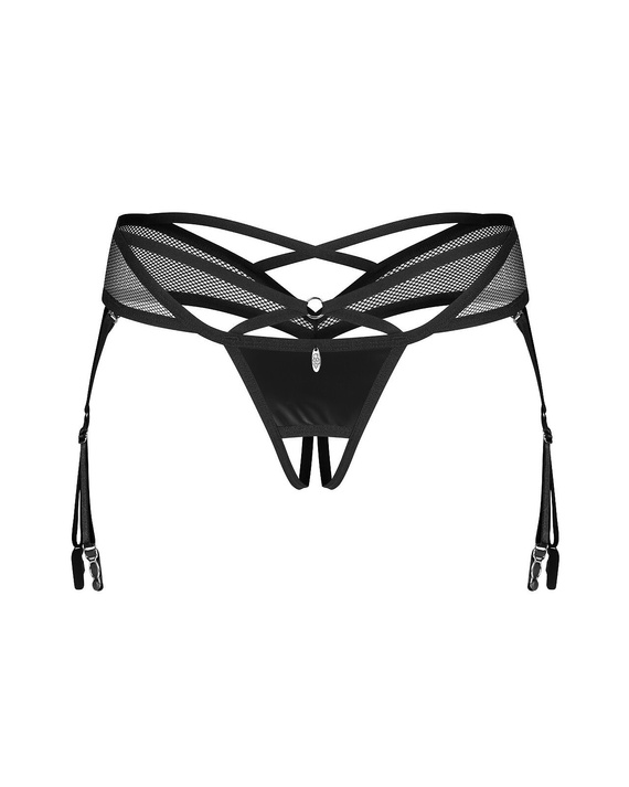 Tanga Obsessive Dominna Crotchless Negru – Latex Lucios, Inghinal Deschis, Bretele cu Portjartier