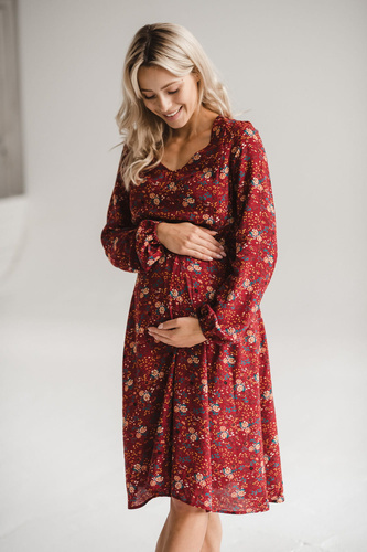 Rochie pentru gravide și alăptare Lovely Dress Midi Milk&Love – bordo cu flori
