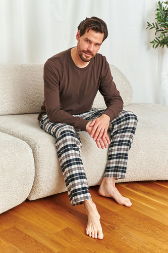 Pijamale bărbătești 7334 Doctor Nap – bumbac și flanel, model în carouri Brownie
