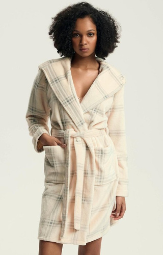 Halat de baie Danna Henderson alb pentru femei - cu glugă, în carouri