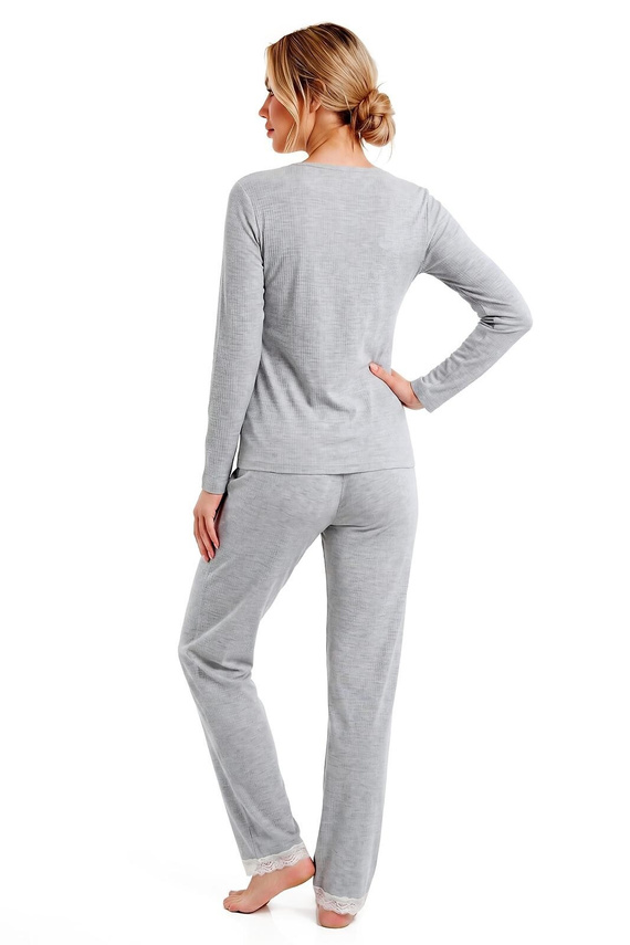 Donna Megi Long pijama damă gri, mânecă lungă și pantaloni, dantelă