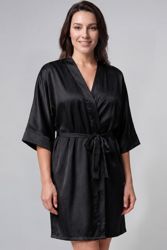 Halat de satin Beja Unikat negru elegant, cu cordon pentru legat