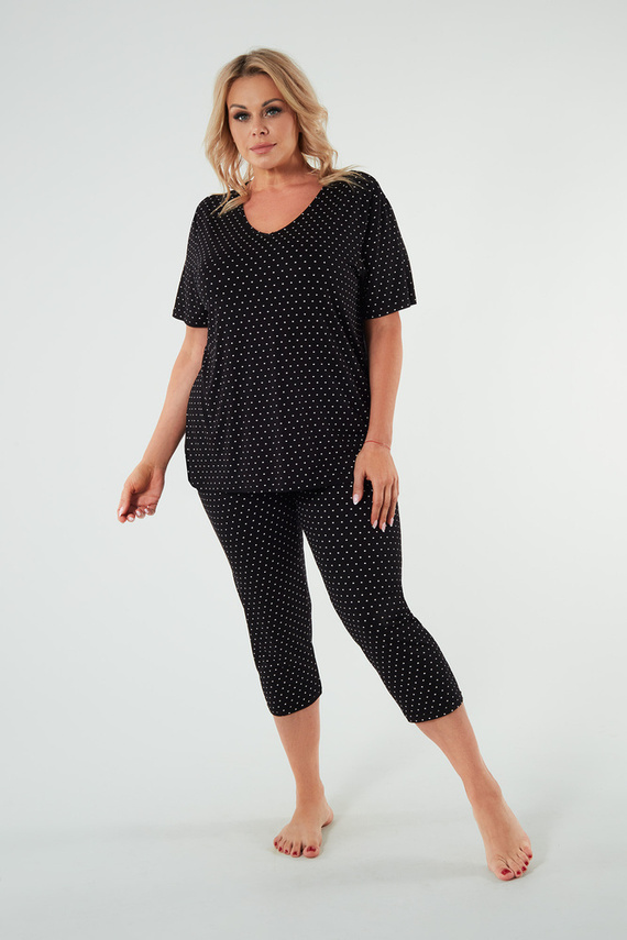 Pijama de damă Puntini cu mânecă scurtă, pantaloni 3/4, modă italiană - negru 