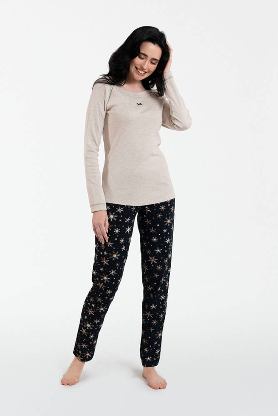 Denali Pijama de damă cu mânecă lungă, pantaloni lungi Italian Fashion- bej melange/print
