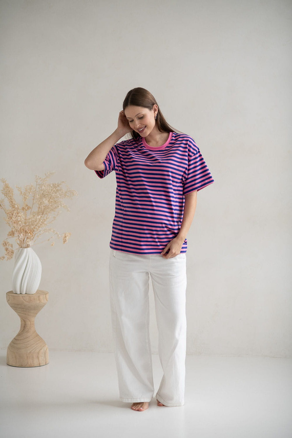 Tricou pentru maternitate și alăptare Mamahood Milk&Love, dungi roz și albastre - confortabil și elegant