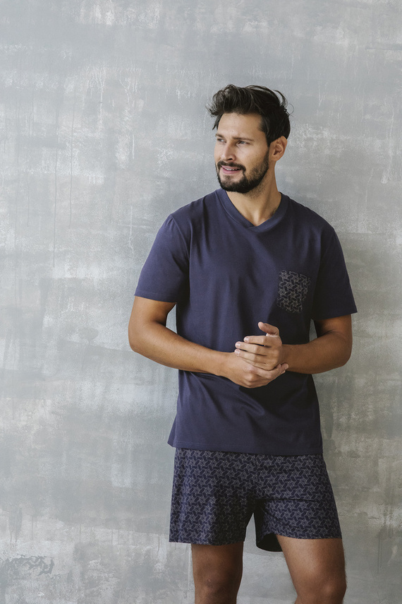 Diaz Pijama cu mânecă scurtă pentru bărbați, pantaloni scurți Italian Fashion - albastru marin/print