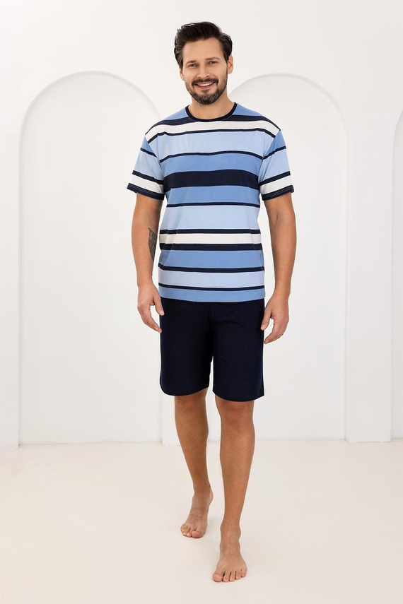 Pijama Bărbați 501 Regina – 100% Bumbac Natural, Tricou cu Dungi & Pantaloni Scurți, Confort pentru Nopți de Vară