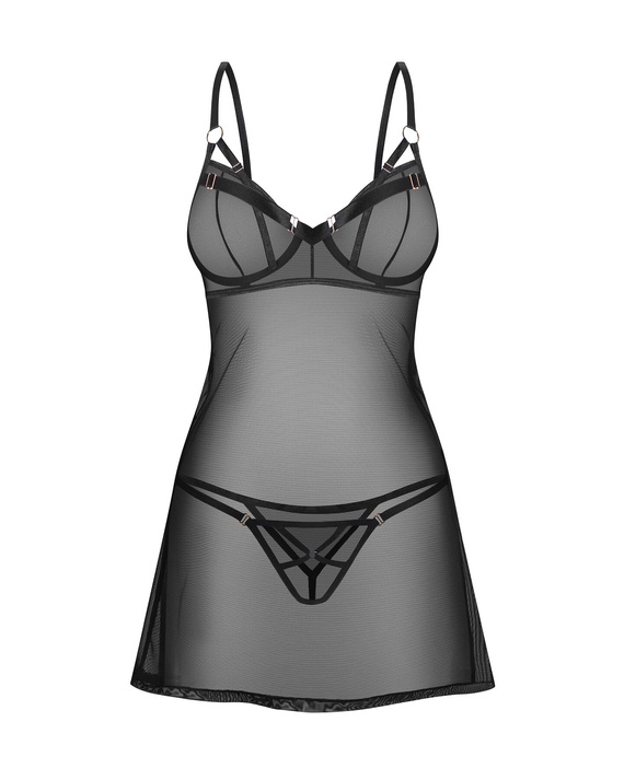 Euridia Chemise Obsessive neagră - cămașă de noapte elegantă cu armătură și tanga. Tricou de damă Chemise Obsessive - negru.