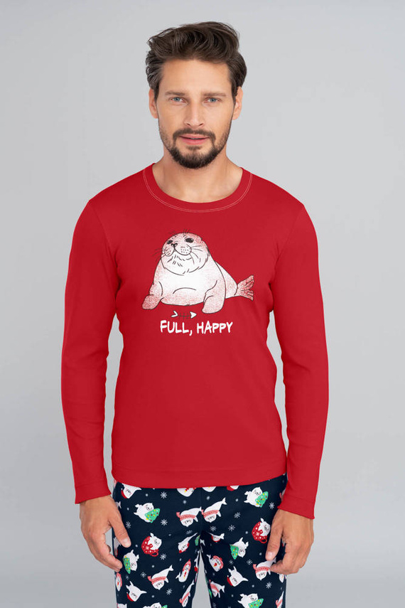 Elder Pijamale Bărbați cu mânecă lungă, pantaloni lungi Italian Fashion- roșu/print albastru marin