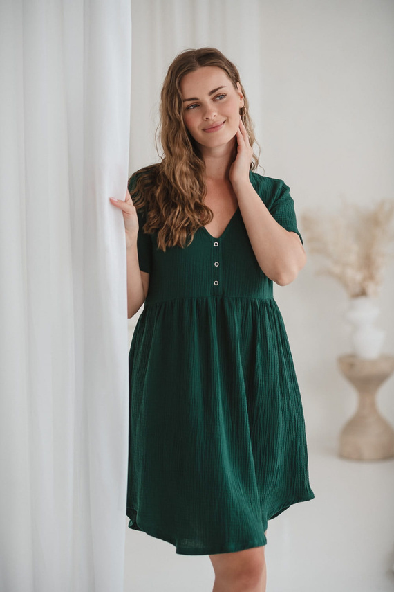 Cămașă de noapte de maternitate și alăptare din muselină Aurora Milk&Love verde sticla