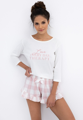 Emily Sensis – Set de pijamale din bumbac pentru femei | Tricou cu mânecă 3/4 și pantaloni scurți cu volane